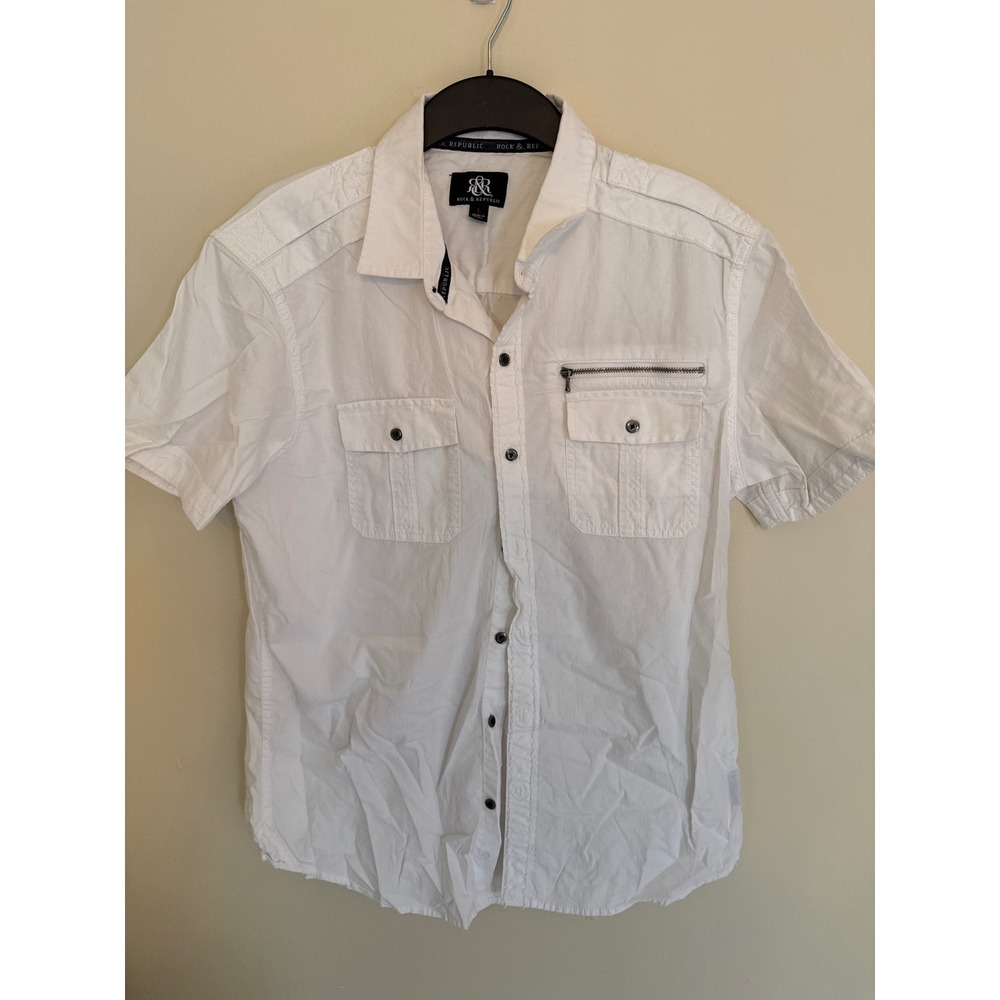 Rock & Republic Mens White Short Sleeve Button Down Utility Shirt Large